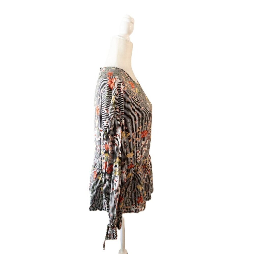 Pleione Floral Striped Long-Sleeve Peplum Blouse With Keyhole Back Detail SZ M - Picture 6 of 11